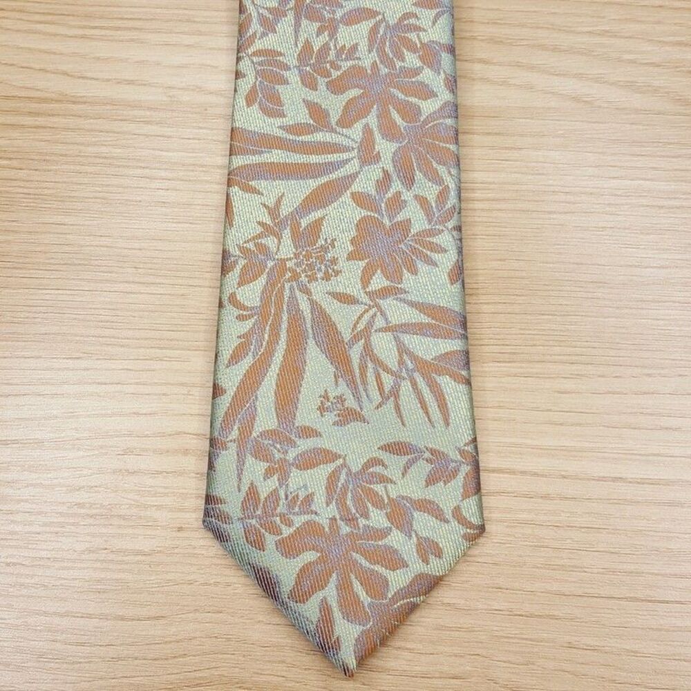 TALLIA Mens Neck Tie Green Orange Floral Leaves Textured Modern Classic Necktie